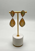 Earthy Tones Brown Green Pattern Quartz Diamond Halo 14K Gold Statement Earrings