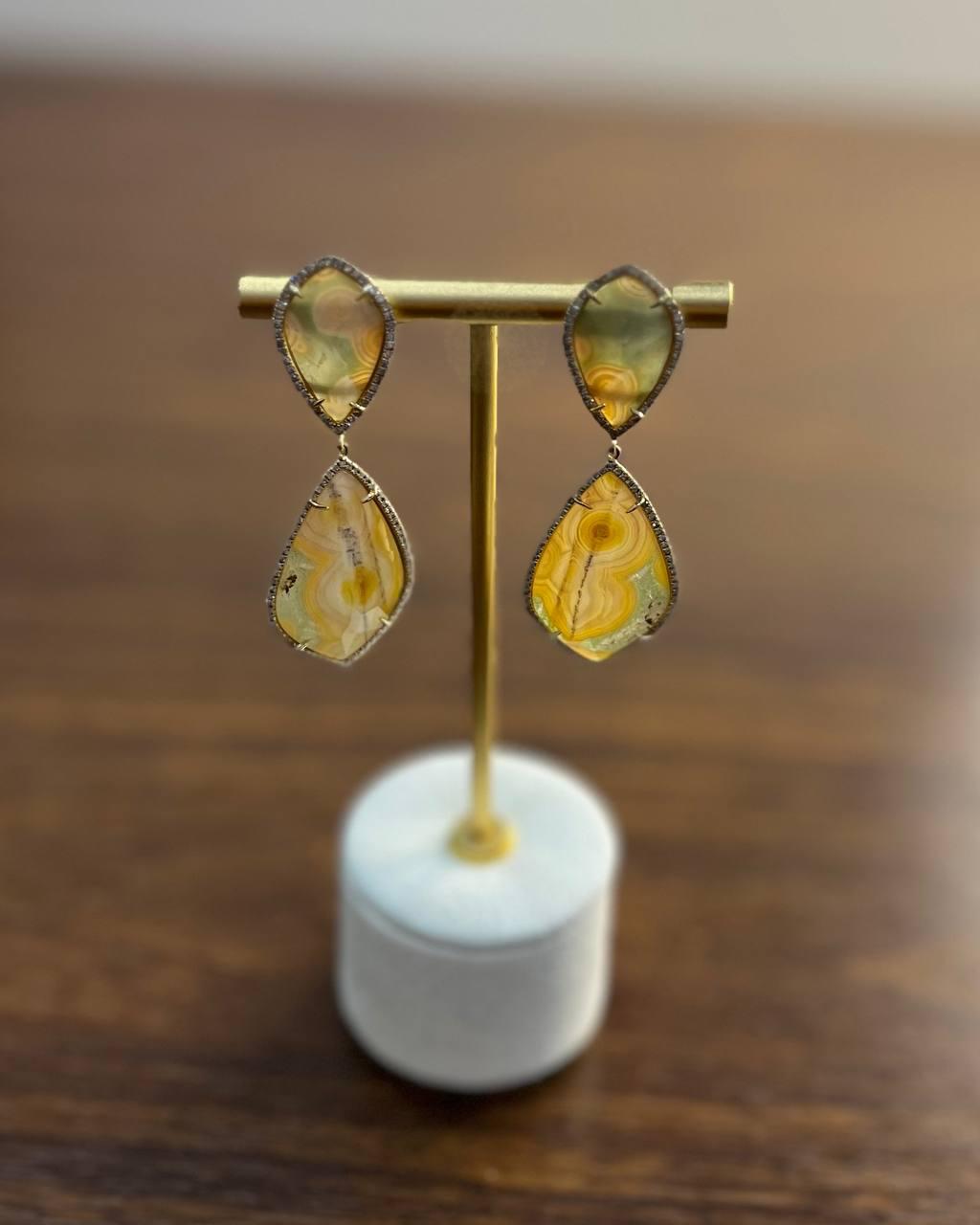 Earthy Tones Brown Green Pattern Quartz Diamond Halo 14K Gold Statement Earrings