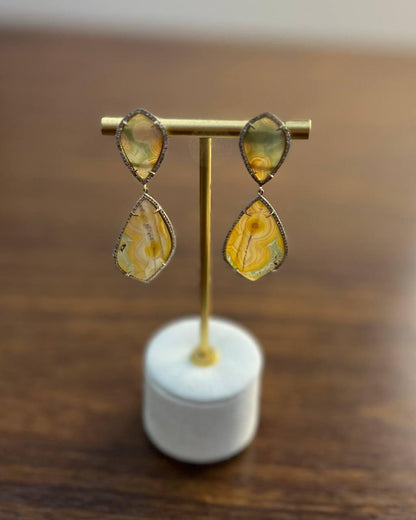 Earthy Tones Brown Green Pattern Quartz Diamond Halo 14K Gold Statement Earrings