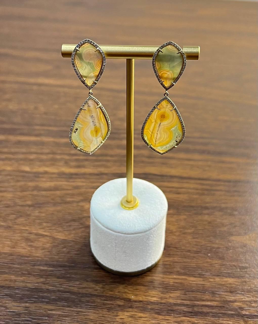 Earthy Tones Brown Green Pattern Quartz Diamond Halo 14K Gold Statement Earrings