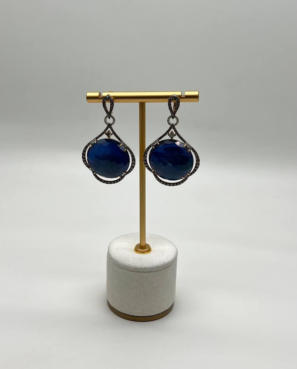 Round Ocean Blue Larimar 14K Yellow Gold Statement Unique Earrings
