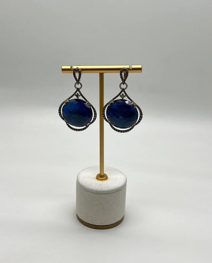 Round Ocean Blue Larimar 14K Yellow Gold Statement Unique Earrings