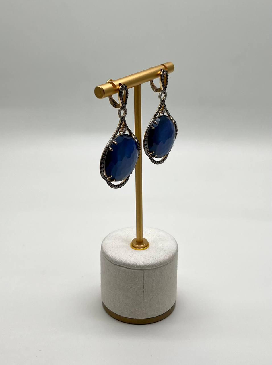 Round Ocean Blue Larimar 14K Yellow Gold Statement Unique Earrings