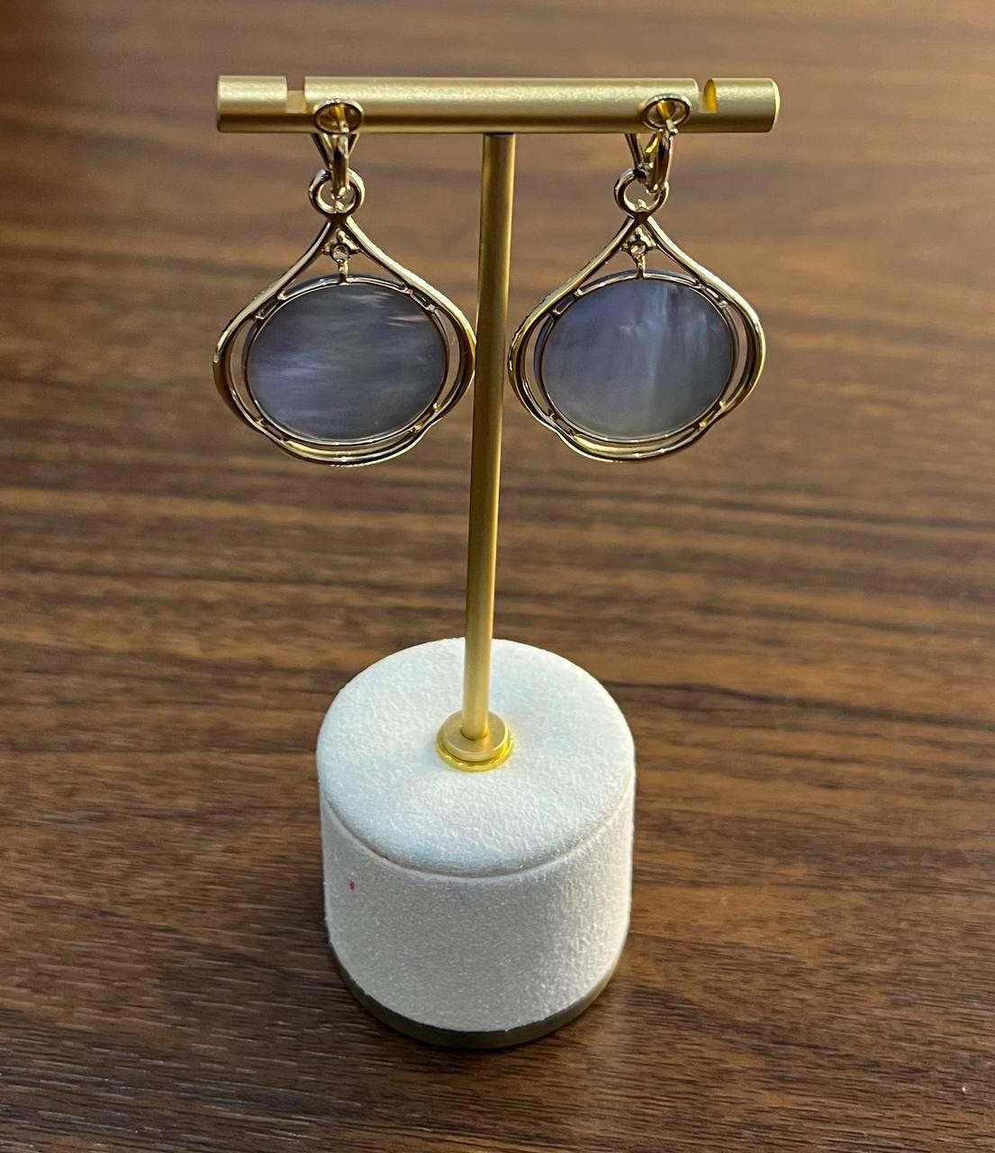 Round Ocean Blue Larimar 14K Yellow Gold Statement Unique Earrings