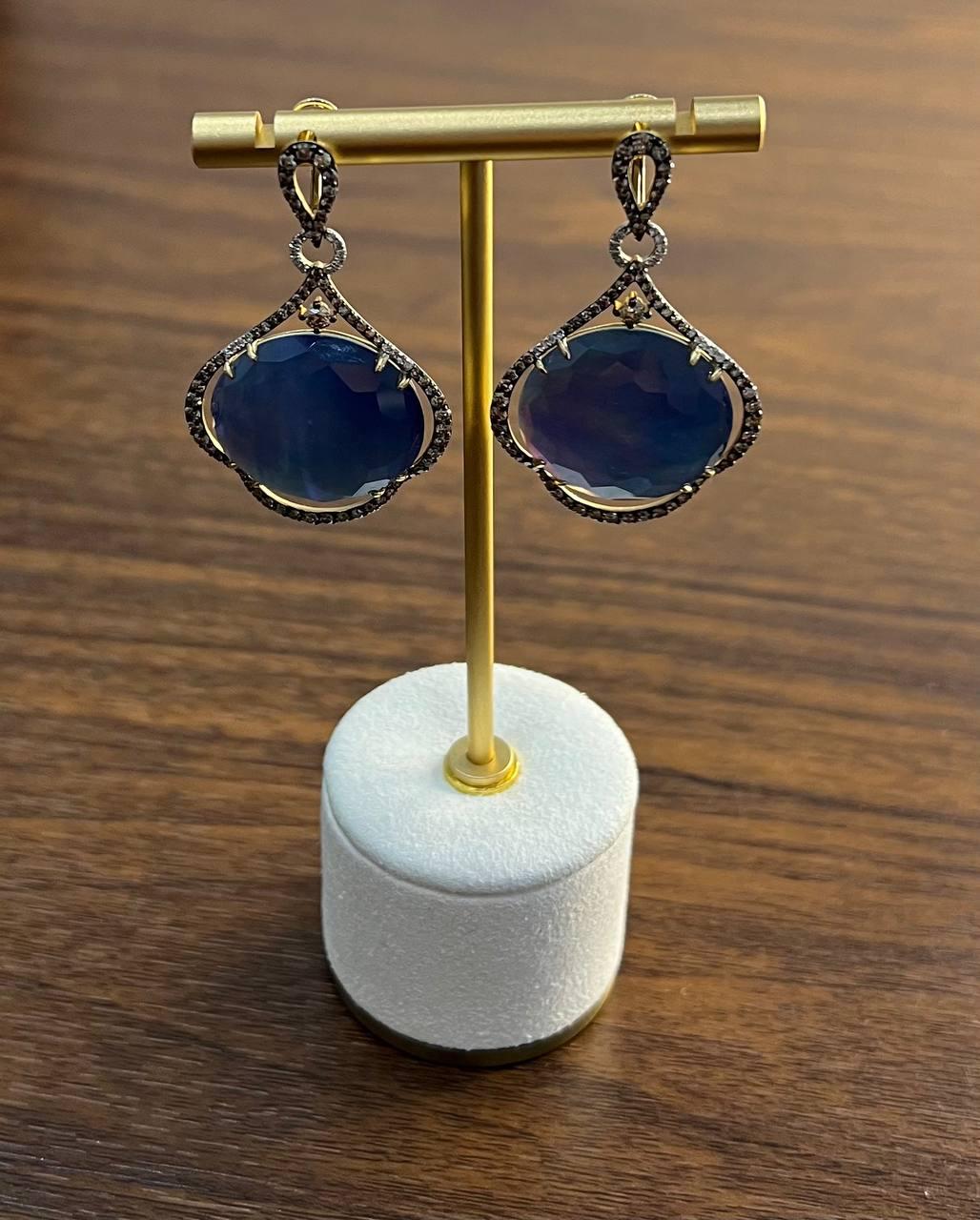 Round Ocean Blue Larimar 14K Yellow Gold Statement Unique Earrings