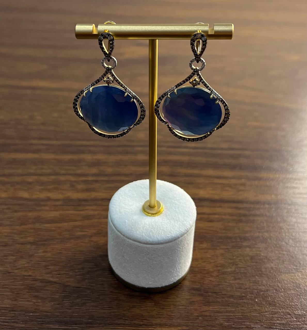 Round Ocean Blue Larimar 14K Yellow Gold Statement Unique Earrings