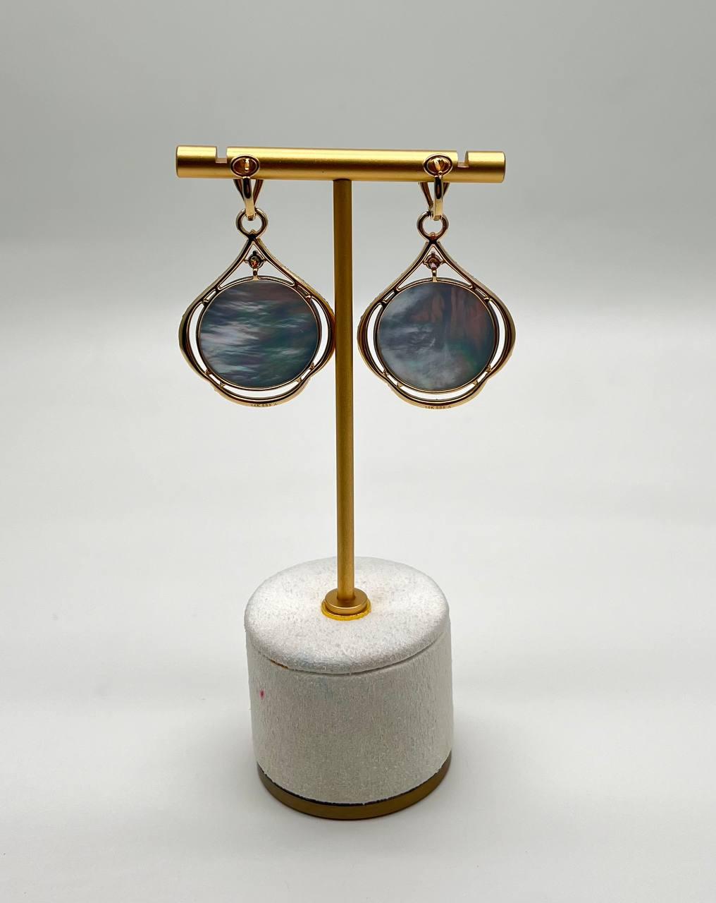 Round Ocean Blue Larimar 14K Yellow Gold Statement Unique Earrings