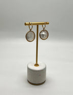 Round Shape Faceted White Mother of Pearl 14K Yellow Gold Diamond Halo Ring