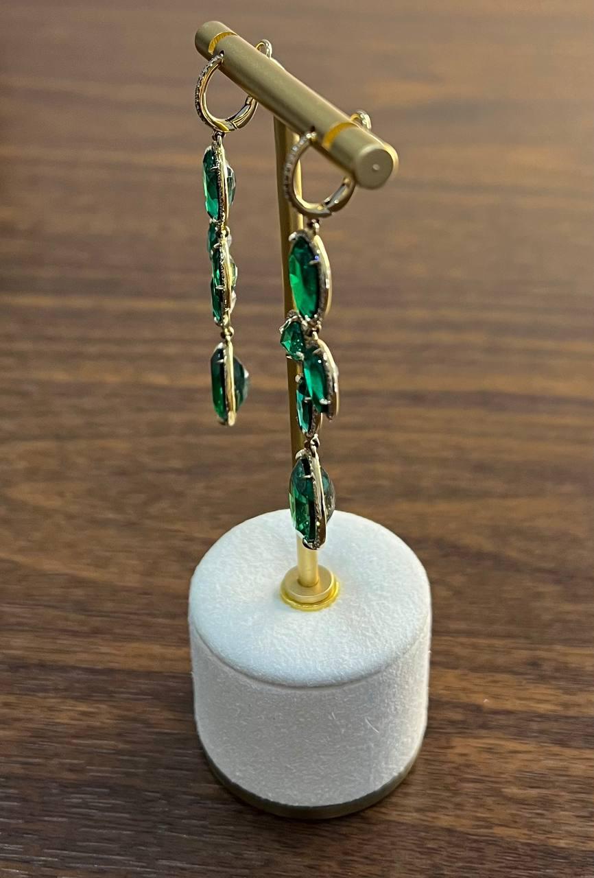 Green Emerald Diamond Halo 14K Yellow Gold Drop Statement Dangling Earrings