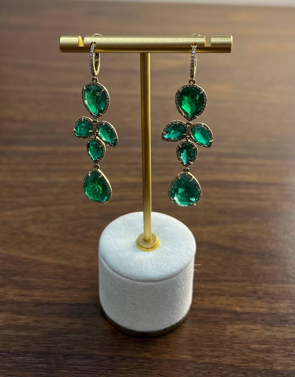 Green Emerald Diamond Halo 14K Yellow Gold Drop Statement Dangling Earrings
