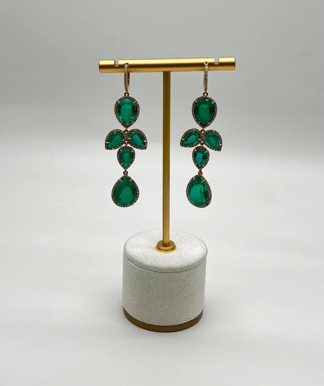 Green Emerald Diamond Halo 14K Yellow Gold Drop Statement Dangling Earrings