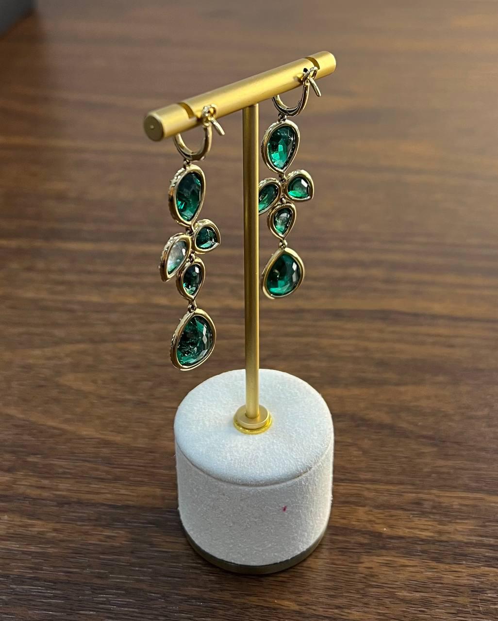 Green Emerald Diamond Halo 14K Yellow Gold Drop Statement Dangling Earrings