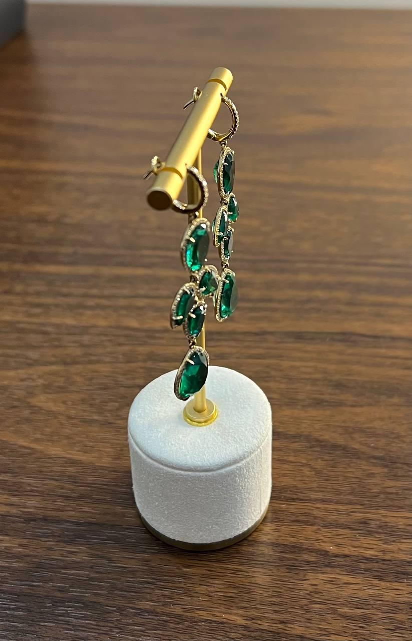 Green Emerald Diamond Halo 14K Yellow Gold Drop Statement Dangling Earrings