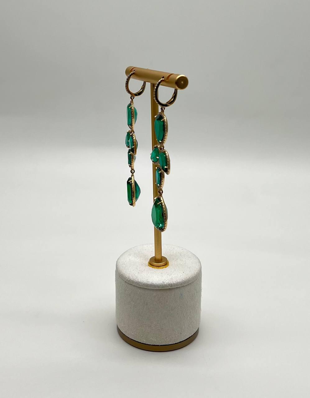 Green Emerald Diamond Halo 14K Yellow Gold Drop Statement Dangling Earrings