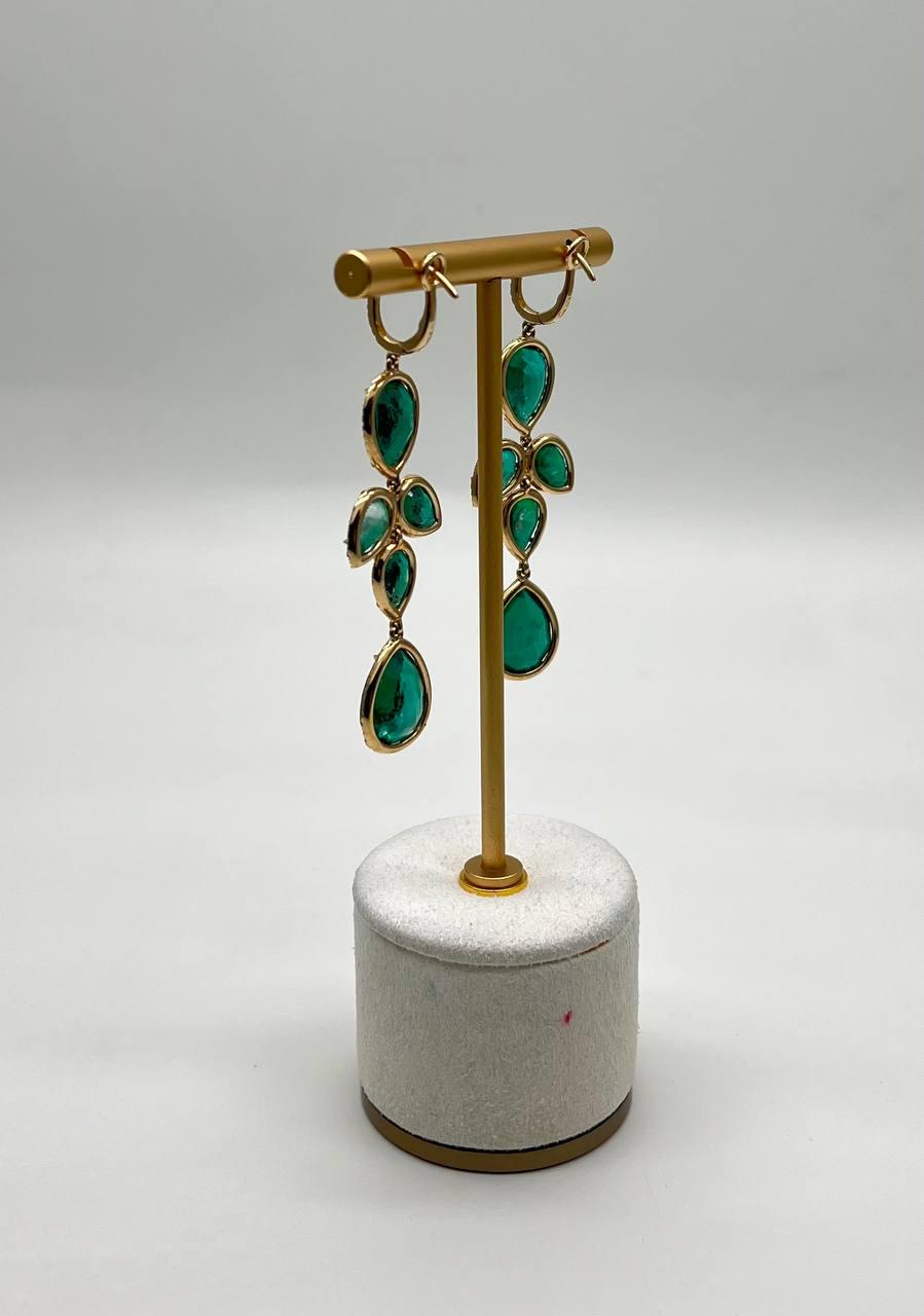 Green Emerald Diamond Halo 14K Yellow Gold Drop Statement Dangling Earrings