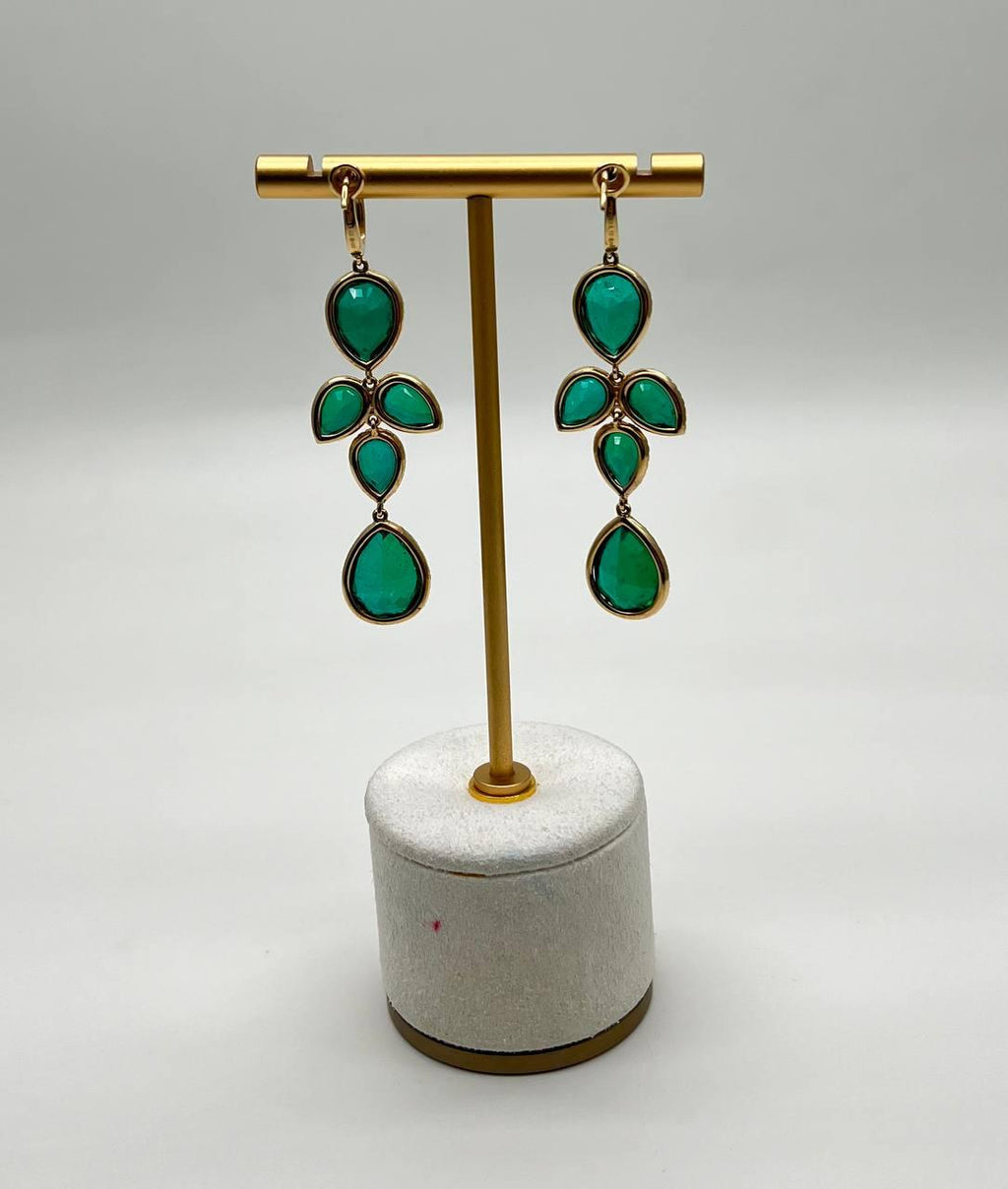 Green Emerald Diamond Halo 14K Yellow Gold Drop Statement Dangling Earrings