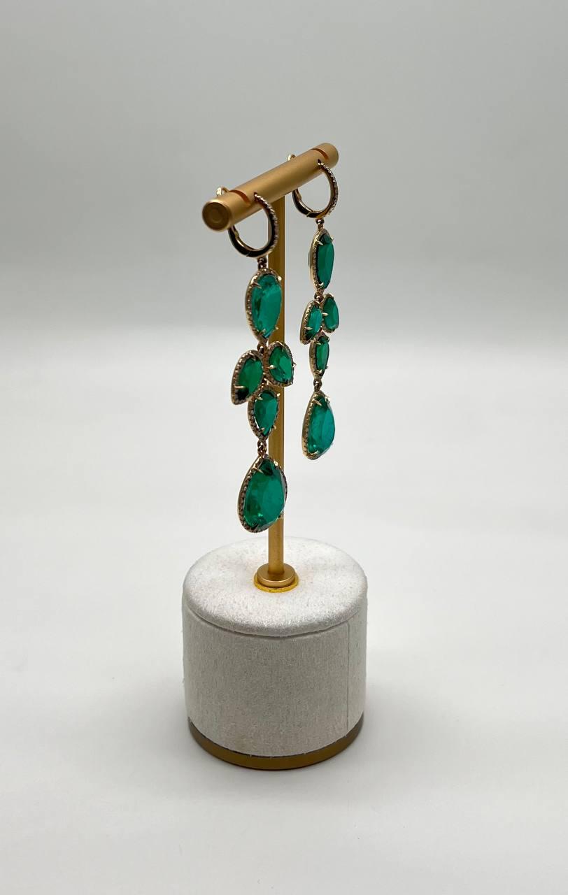 Green Emerald Diamond Halo 14K Yellow Gold Drop Statement Dangling Earrings