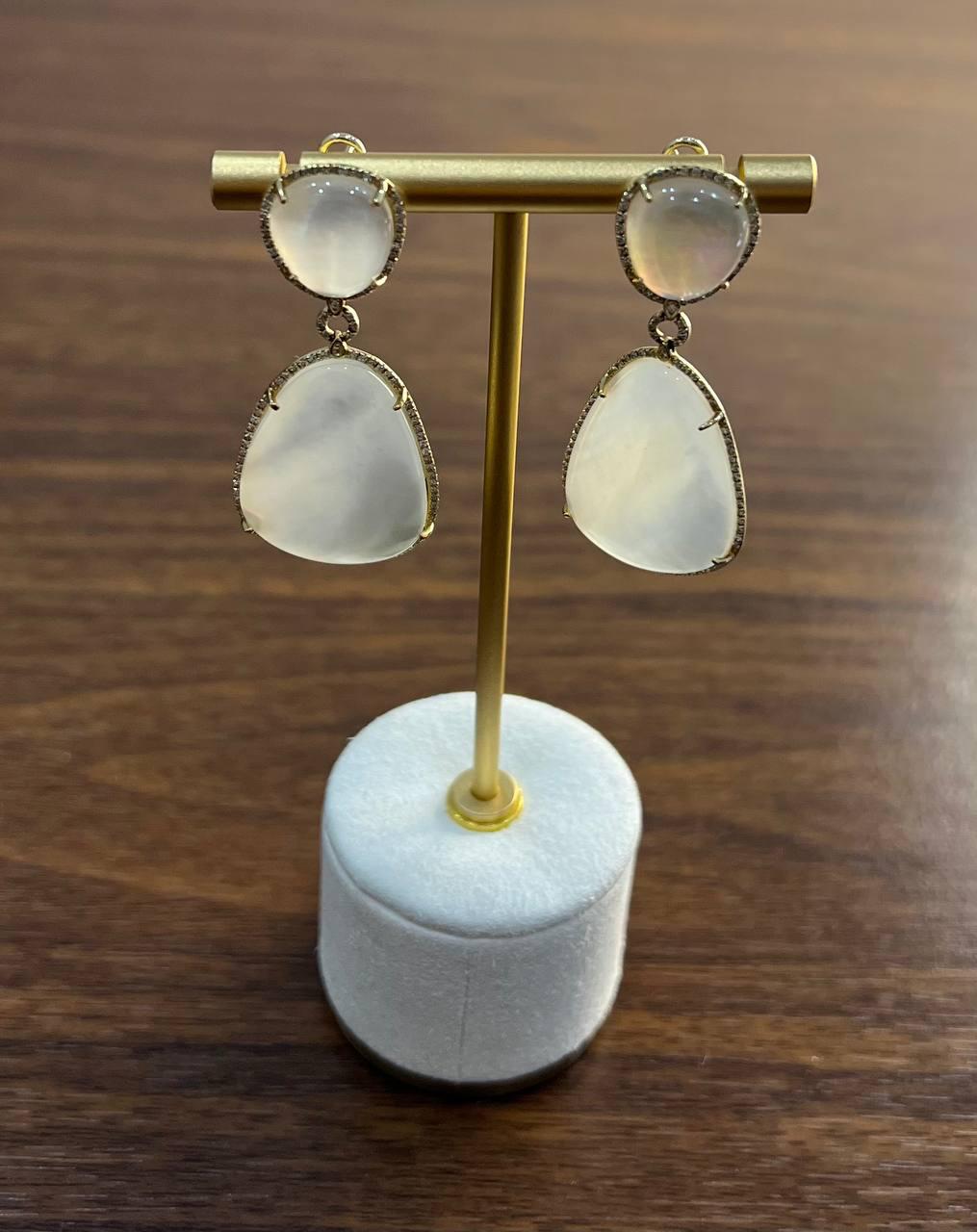 White Mother of Pearl White Diamonds Halo 14K Yellow Gold Statement Earrings