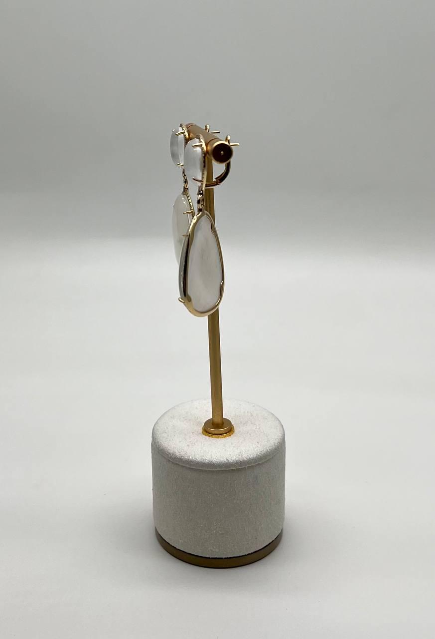 White Mother of Pearl White Diamonds Halo 14K Yellow Gold Statement Earrings