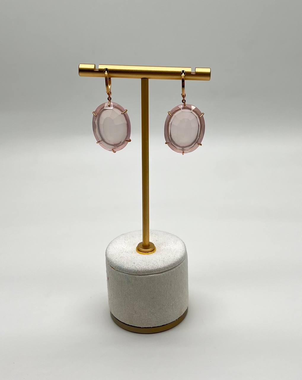 Faceted Cabochon Pink Rose Quartz Diamond Halo Frame 14K Gold Statement Earrings