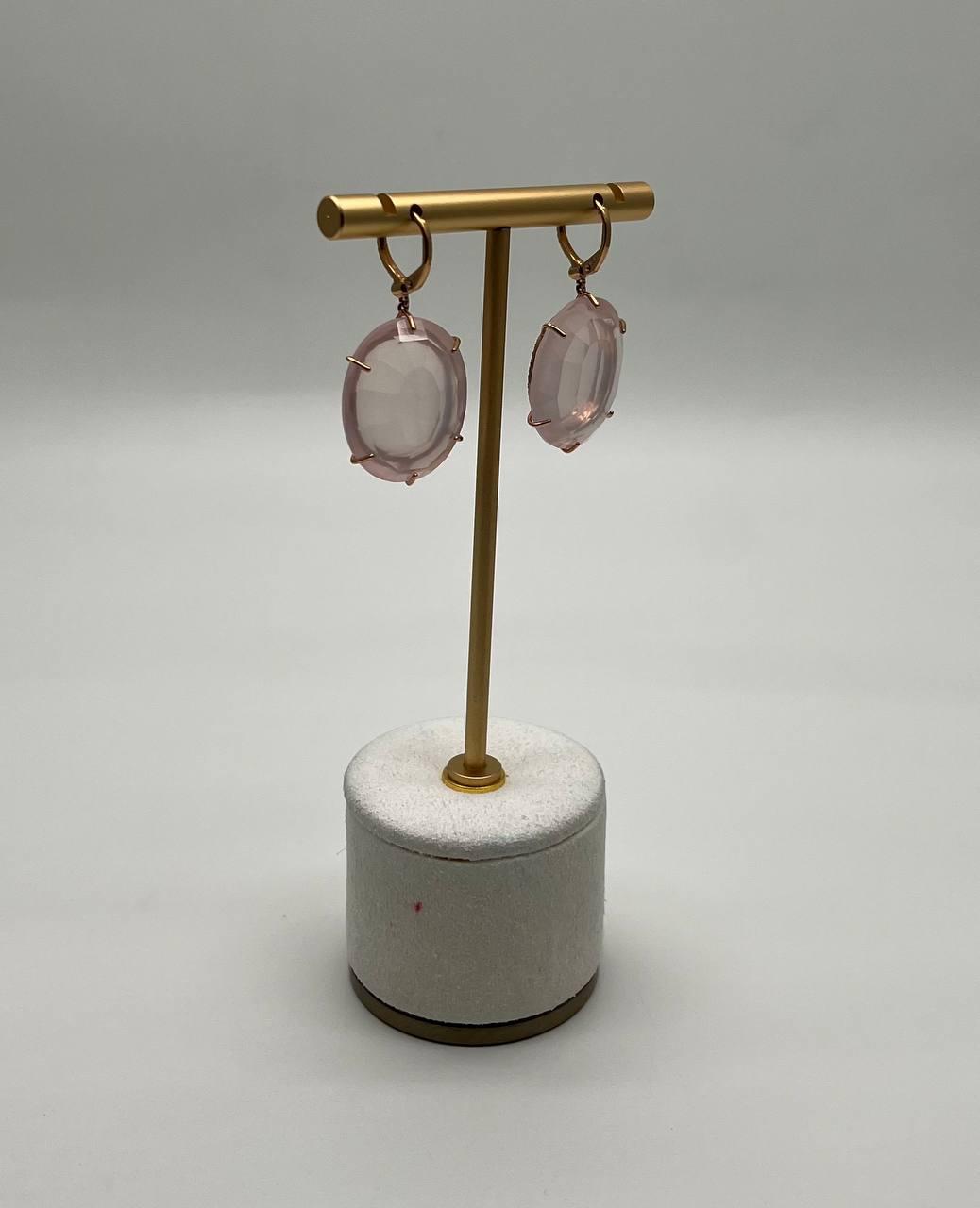 Faceted Cabochon Pink Rose Quartz Diamond Halo Frame 14K Gold Statement Earrings