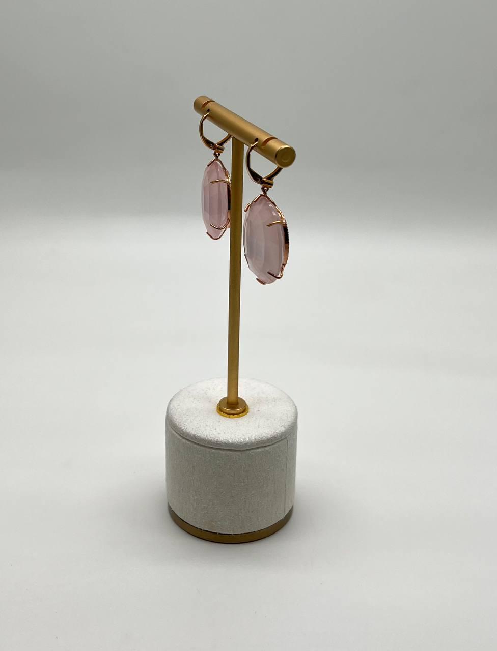 Faceted Cabochon Pink Rose Quartz Diamond Halo Frame 14K Gold Statement Earrings