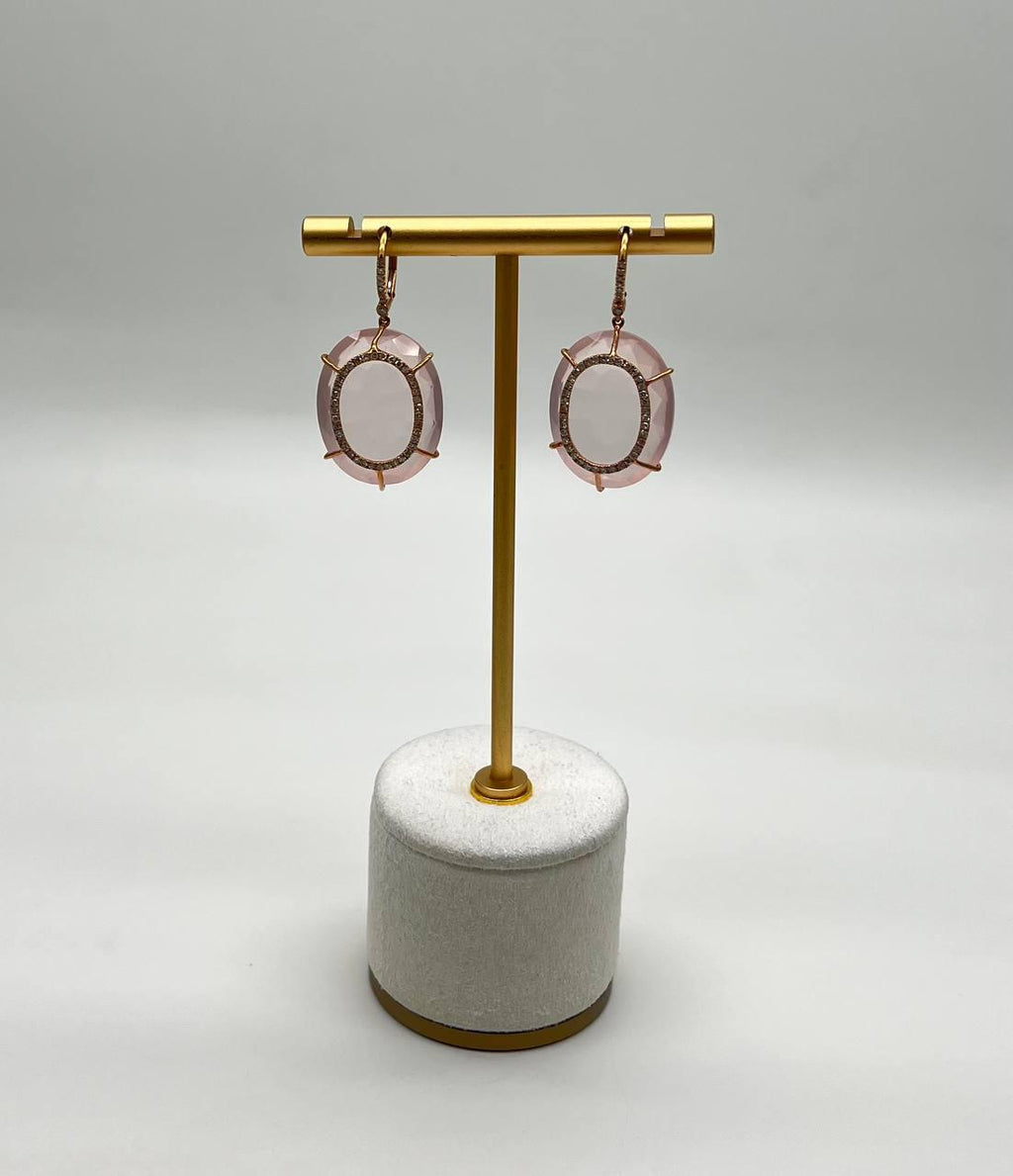 Faceted Cabochon Pink Rose Quartz Diamond Halo Frame 14K Gold Statement Earrings