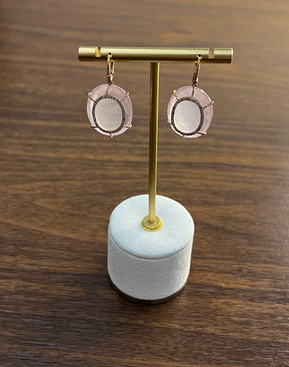 Faceted Cabochon Pink Rose Quartz Diamond Halo Frame 14K Gold Statement Earrings