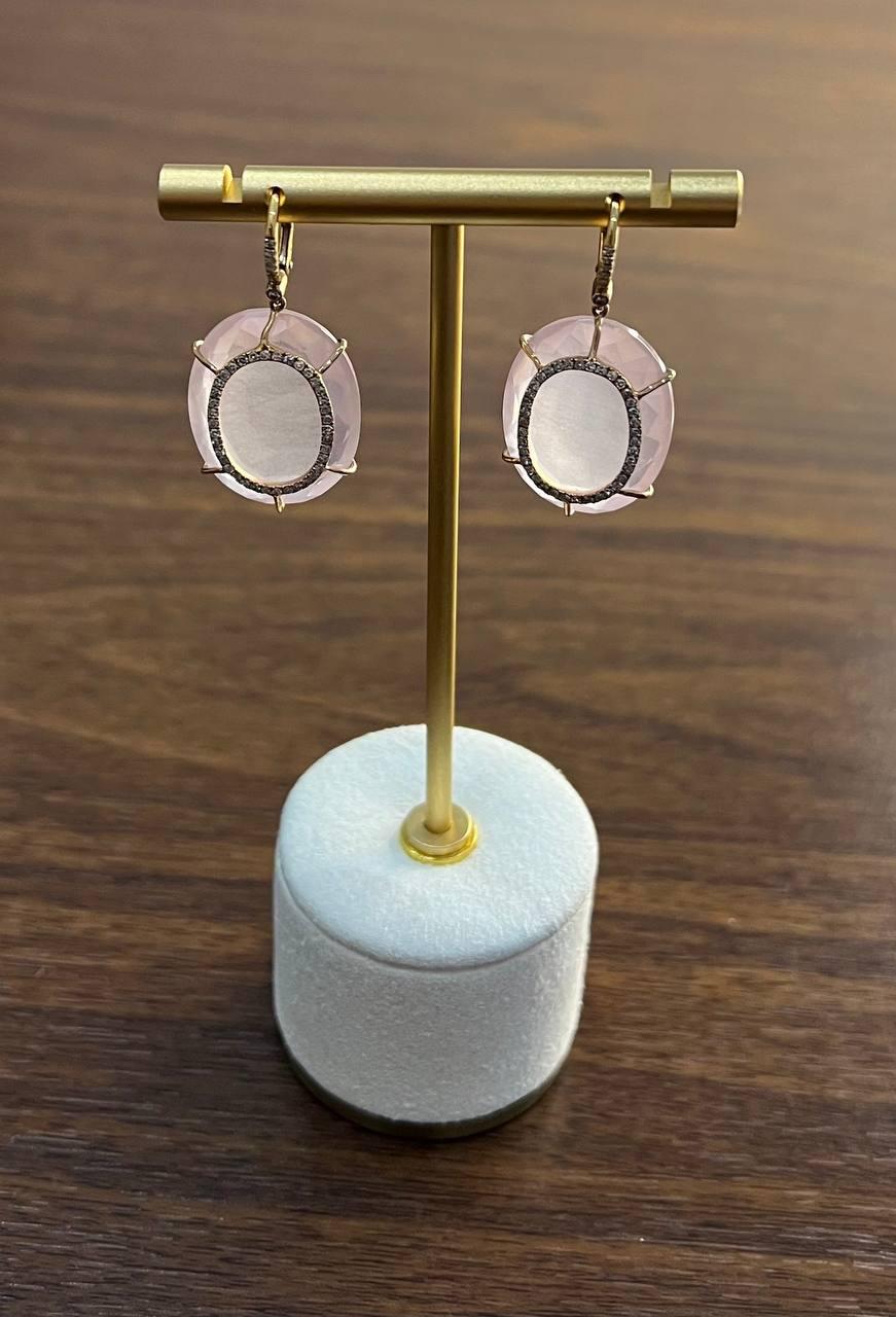 Faceted Cabochon Pink Rose Quartz Diamond Halo Frame 14K Gold Statement Earrings