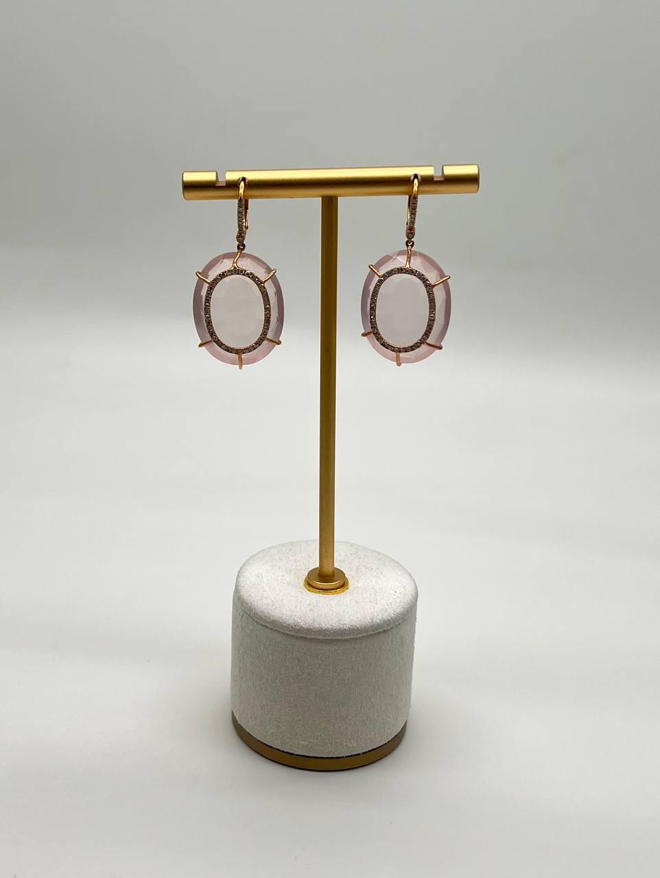 Faceted Cabochon Pink Rose Quartz Diamond Halo Frame 14K Gold Statement Earrings