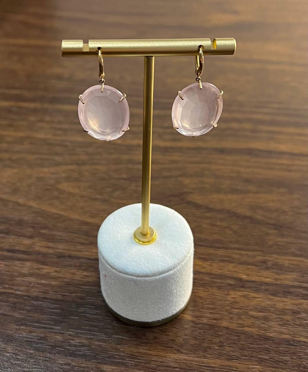 Faceted Cabochon Pink Rose Quartz Diamond Halo Frame 14K Gold Statement Earrings