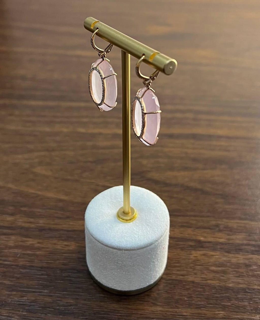 Faceted Cabochon Pink Rose Quartz Diamond Halo Frame 14K Gold Statement Earrings