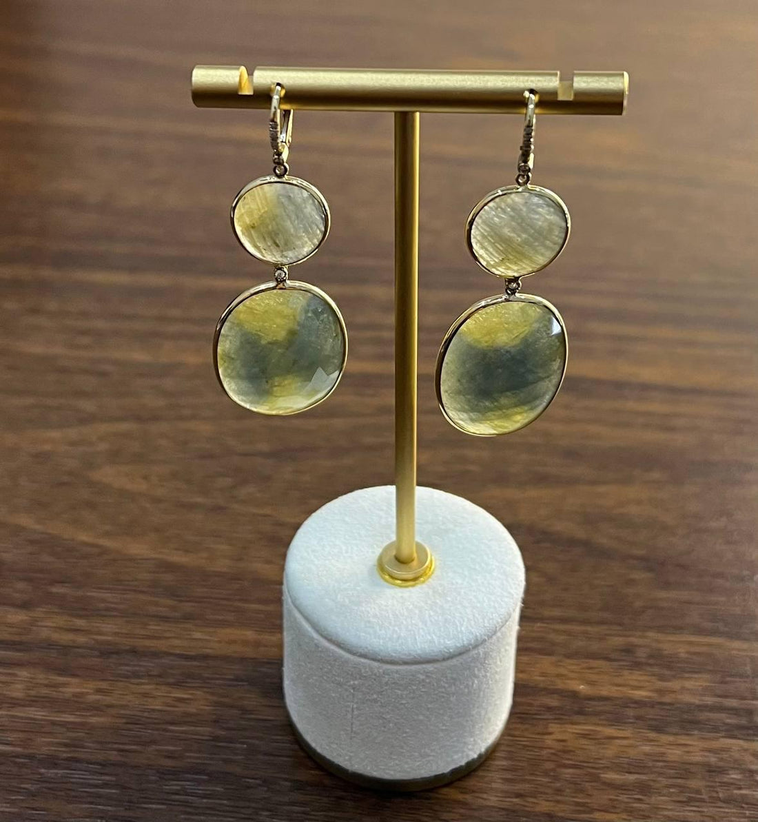 Milky Earth Yellow Rutilated Quartz Diamonds Halo 14K Gold Statement Earrings