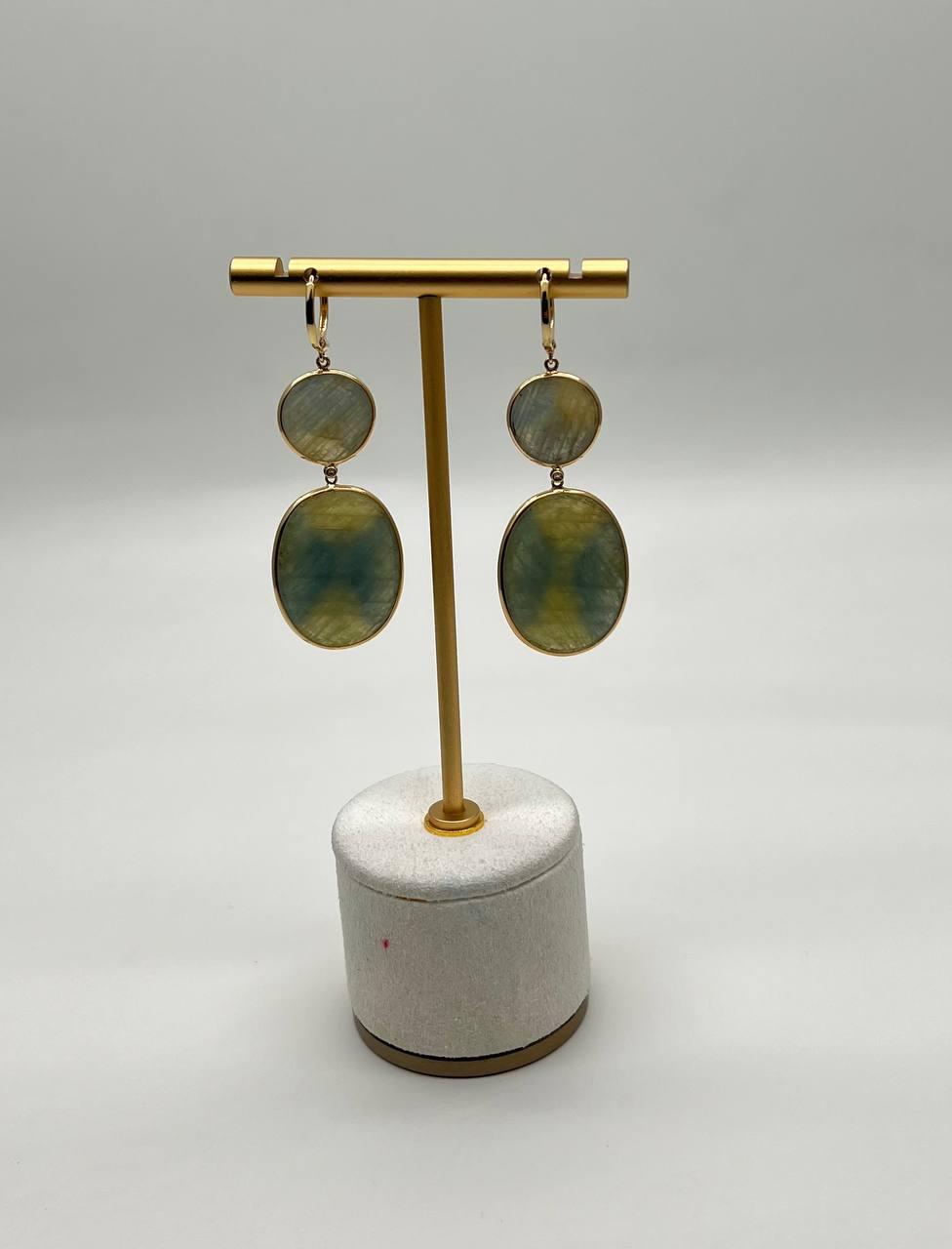 Milky Earth Yellow Rutilated Quartz Diamonds Halo 14K Gold Statement Earrings