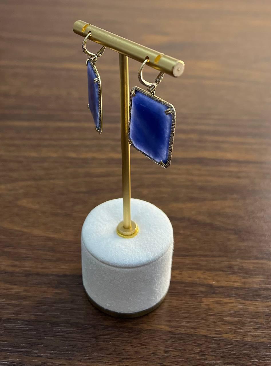 Rectangle Faceted Cabochon Blue Sapphire Diamond Halo 14K Gold Dangling Earrings