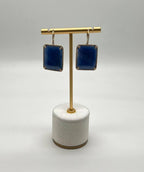 Rectangle Faceted Cabochon Blue Sapphire Diamond Halo 14K Gold Dangling Earrings