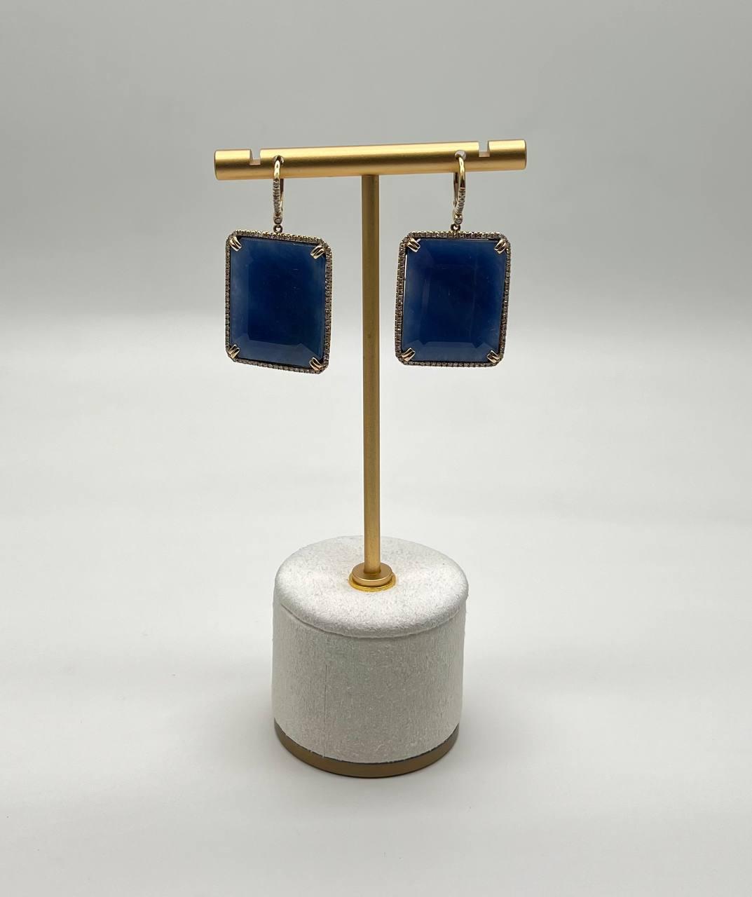 Rectangle Faceted Cabochon Blue Sapphire Diamond Halo 14K Gold Dangling Earrings