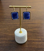 Rectangle Faceted Cabochon Blue Sapphire Diamond Halo 14K Gold Dangling Earrings
