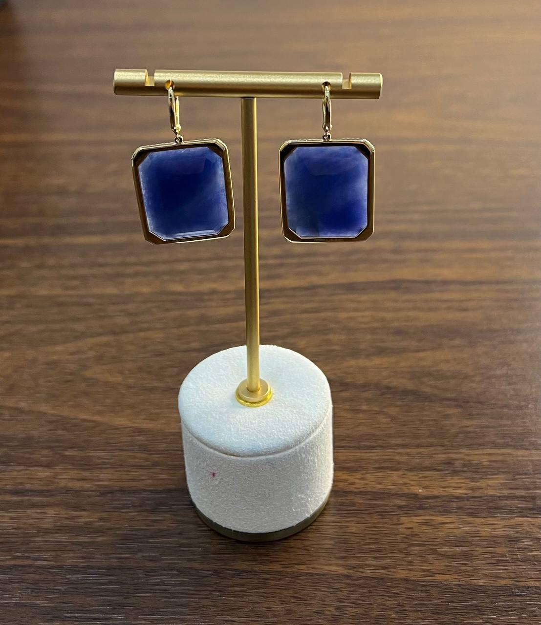 Rectangle Faceted Cabochon Blue Sapphire Diamond Halo 14K Gold Dangling Earrings