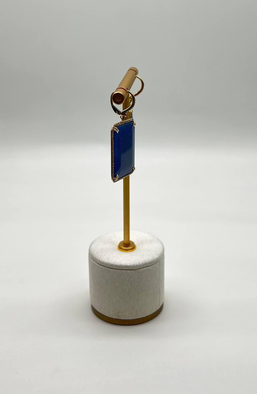 Rectangle Faceted Cabochon Blue Sapphire Diamond Halo 14K Gold Dangling Earrings