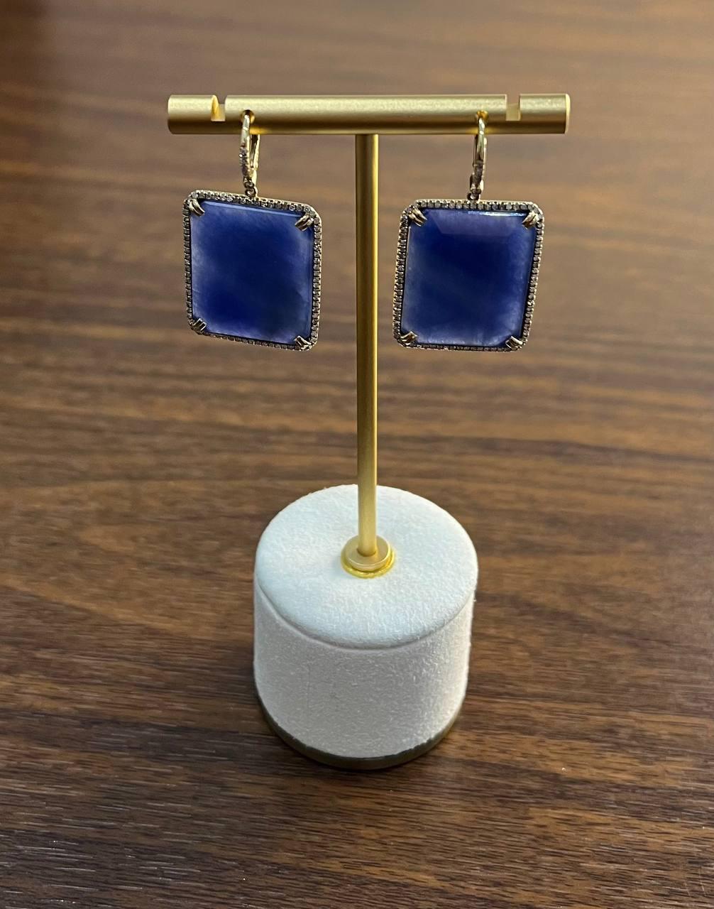 Rectangle Faceted Cabochon Blue Sapphire Diamond Halo 14K Gold Dangling Earrings
