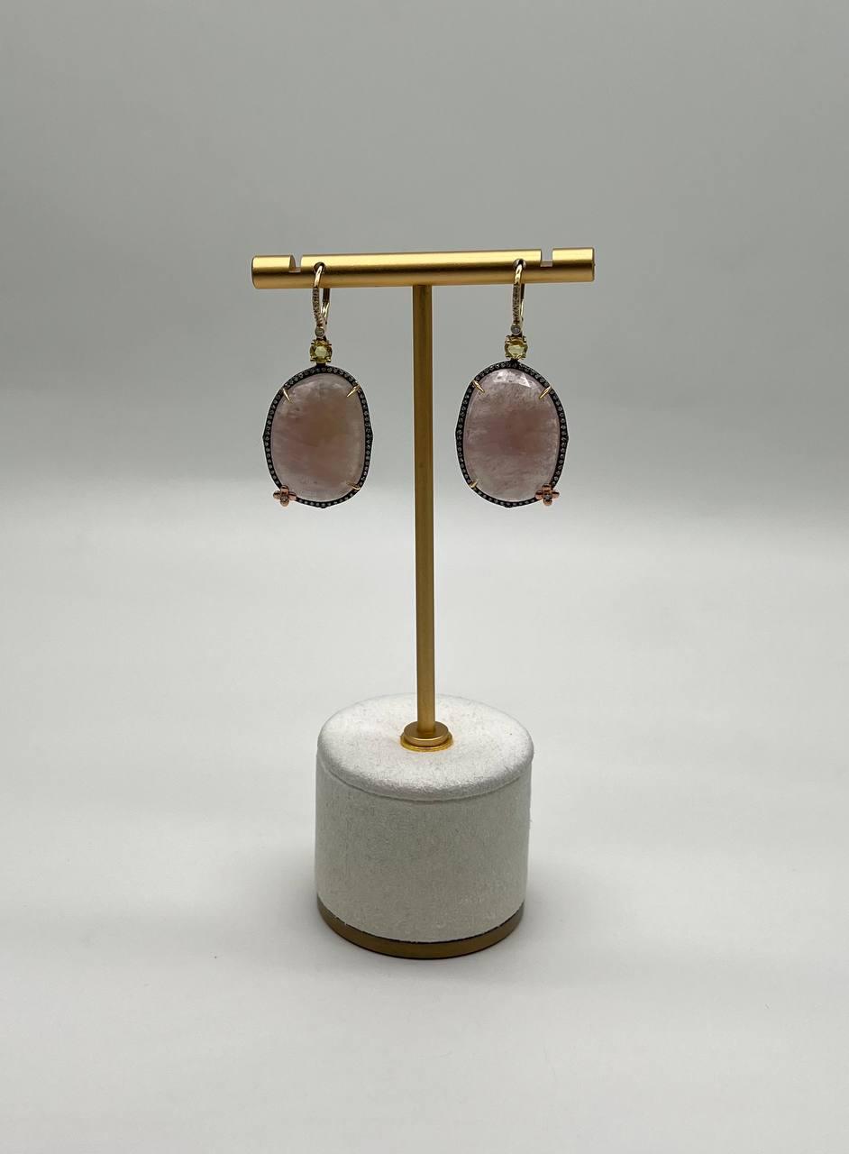 Faceted Cabochon Peach Rose Quartz Diamond Halo 14K Yellow Gold Drop Earrings