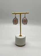 Faceted Cabochon Peach Rose Quartz Diamond Halo 14K Yellow Gold Drop Earrings