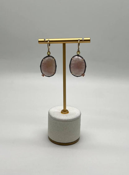 Faceted Cabochon Peach Rose Quartz Diamond Halo 14K Yellow Gold Drop Earrings