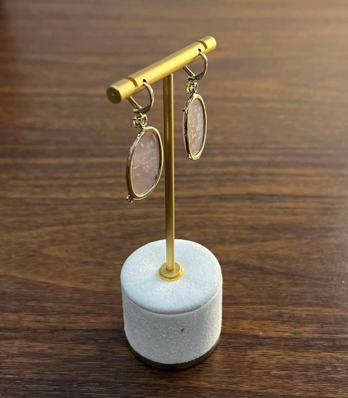Faceted Cabochon Peach Rose Quartz Diamond Halo 14K Yellow Gold Drop Earrings