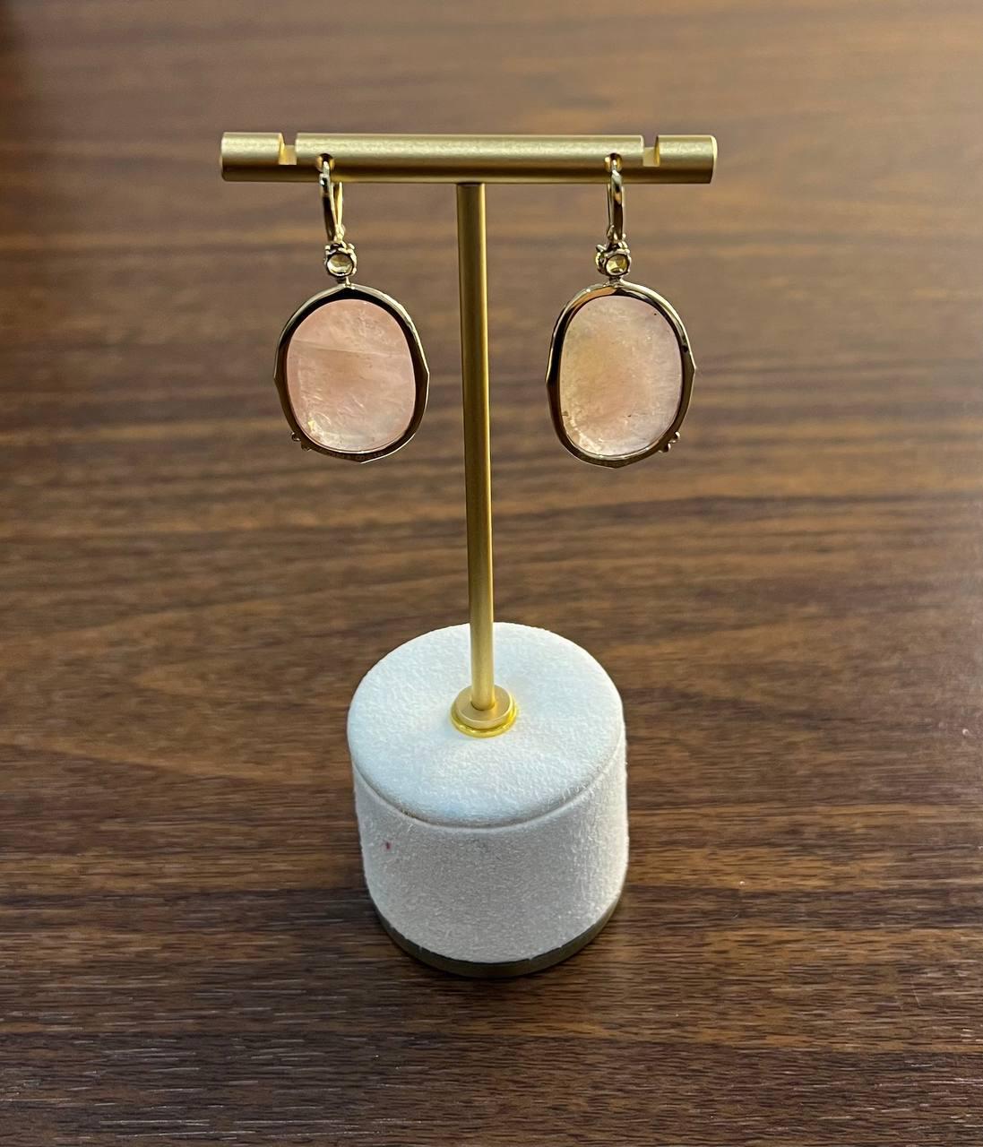 Faceted Cabochon Peach Rose Quartz Diamond Halo 14K Yellow Gold Drop Earrings