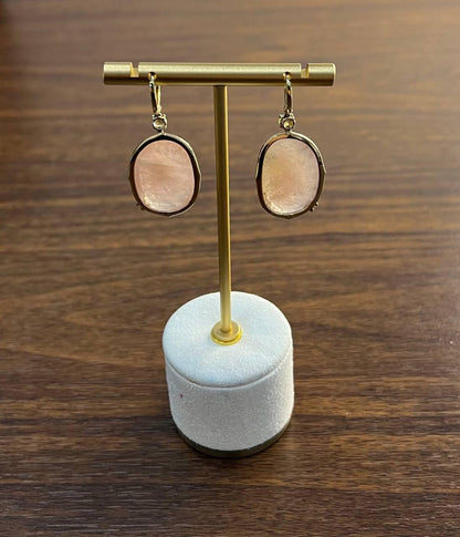 Faceted Cabochon Peach Rose Quartz Diamond Halo 14K Yellow Gold Drop Earrings