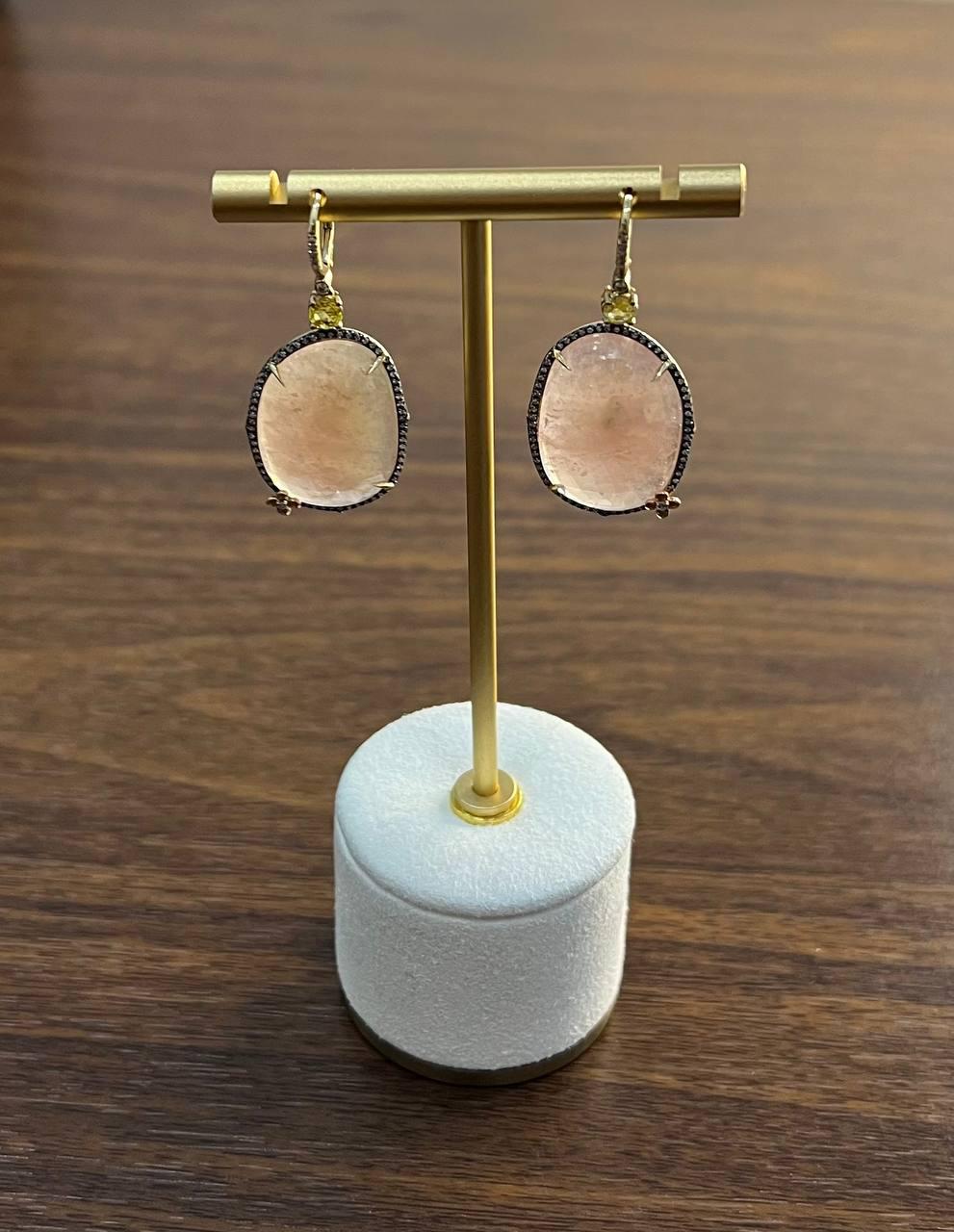 faceted cabochon peach rose quartz diamond halo 14k yellow gold drop earrings