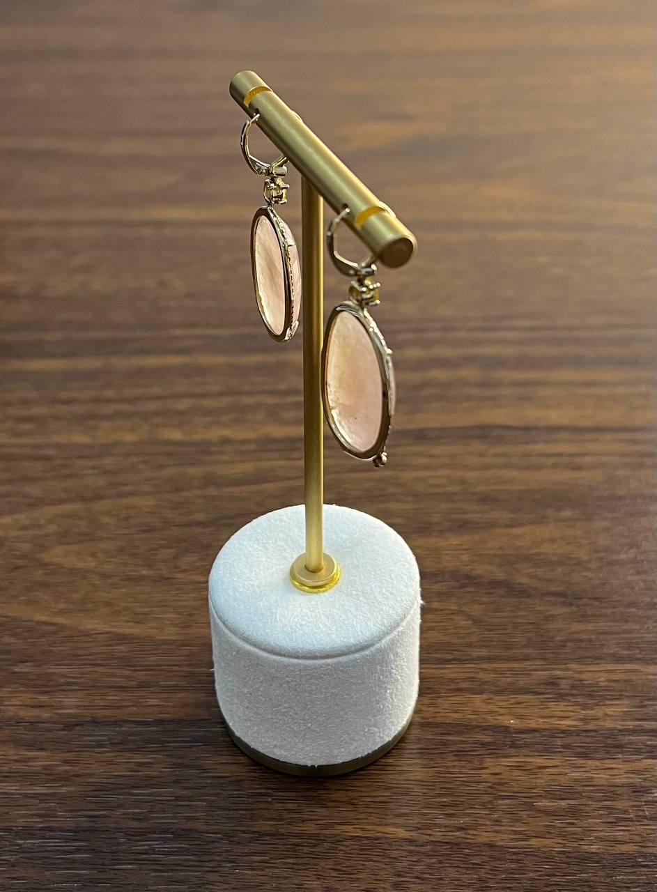 faceted cabochon peach rose quartz diamond halo 14k yellow gold drop earrings