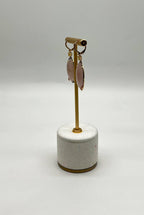 Faceted Cabochon Peach Rose Quartz Diamond Halo 14K Yellow Gold Drop Earrings